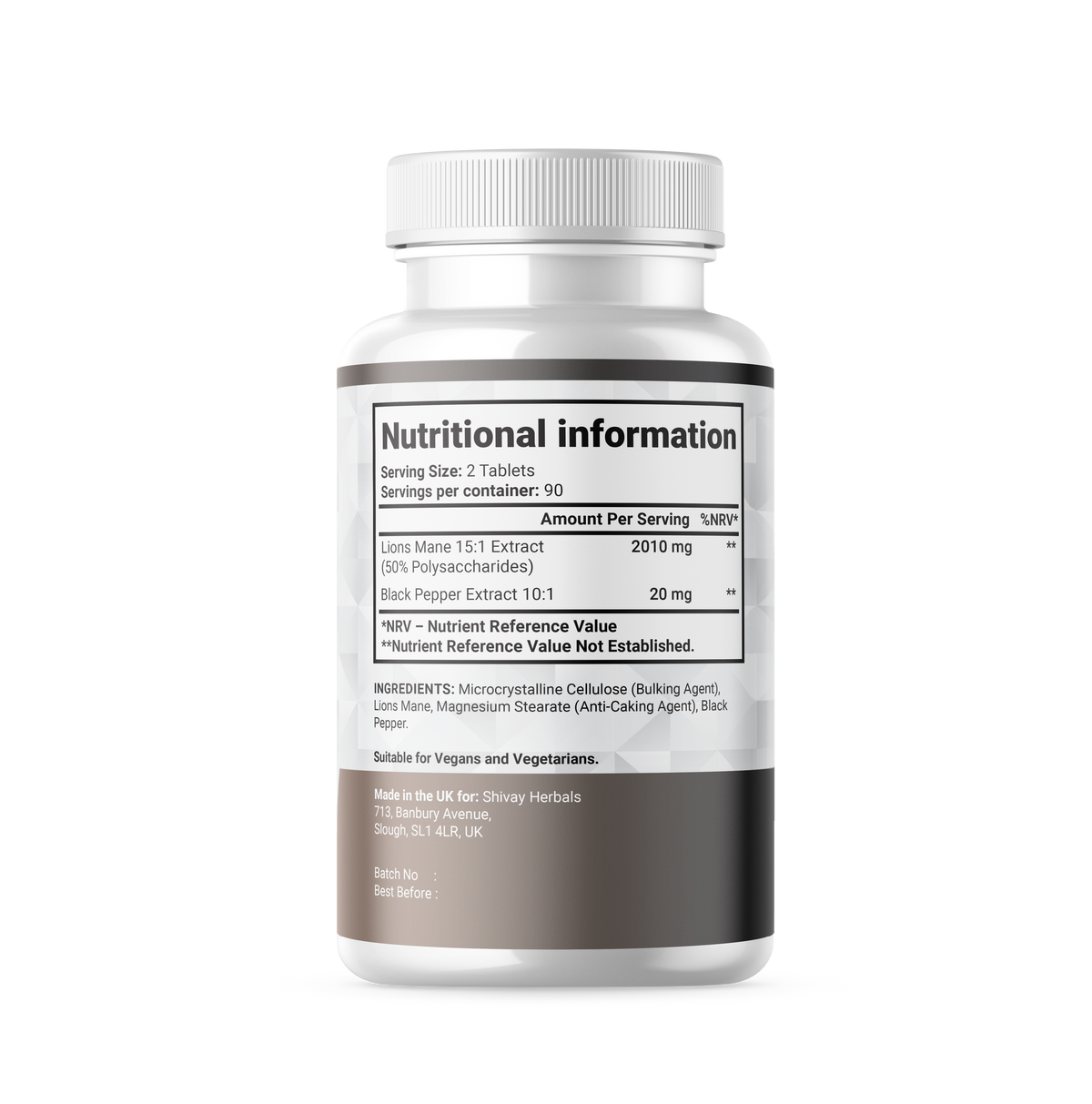 Shivay Herbals Lion's Mane Mushroom 2000mg - 50% Polysaccharide Extract - with Black Pepper - 180 Vegan Tablets - 3 Month Supply - Made in the UK