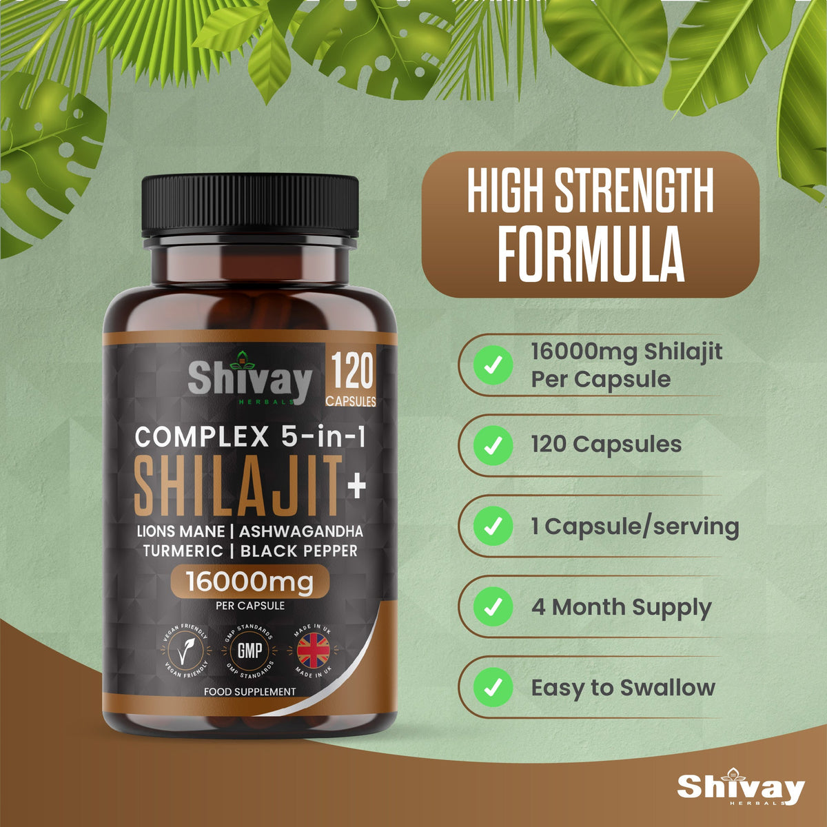 Shivay Herbals Shilajit Complex 5-in-1 - 16000mg Himalayan Shilajit - with Ashwagandha & Lion's Mane - 120 Vegan Capsules - 4 Month Supply - Made in the UK