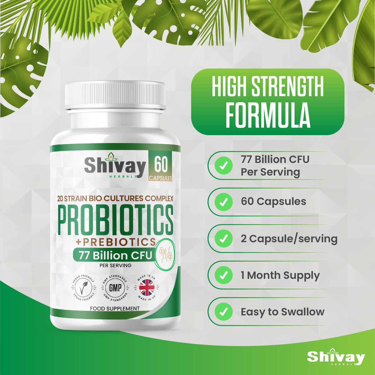 Shivay Herbals Probiotic & Prebiotic Complex - 77 Billion CFU - 20 Live Strains - 60 Vegan Capsules - 1 Month Supply - Made in the UK