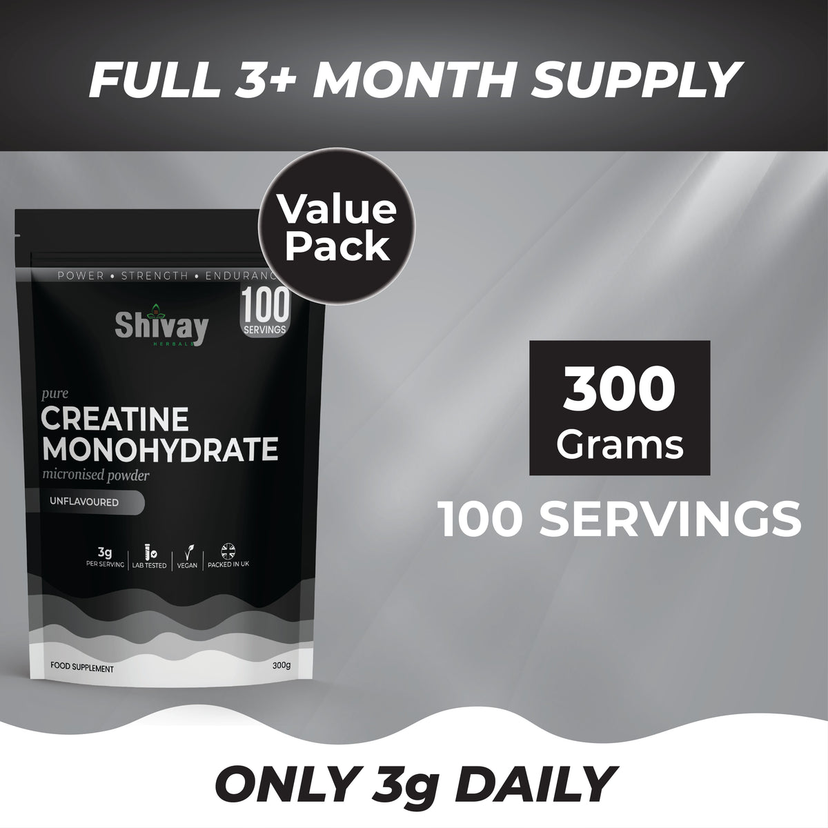 Shivay Herbals Creatine Monohydrate Powder 300g - 100 Servings - Pure Micronised - Unflavoured - Made in the UK