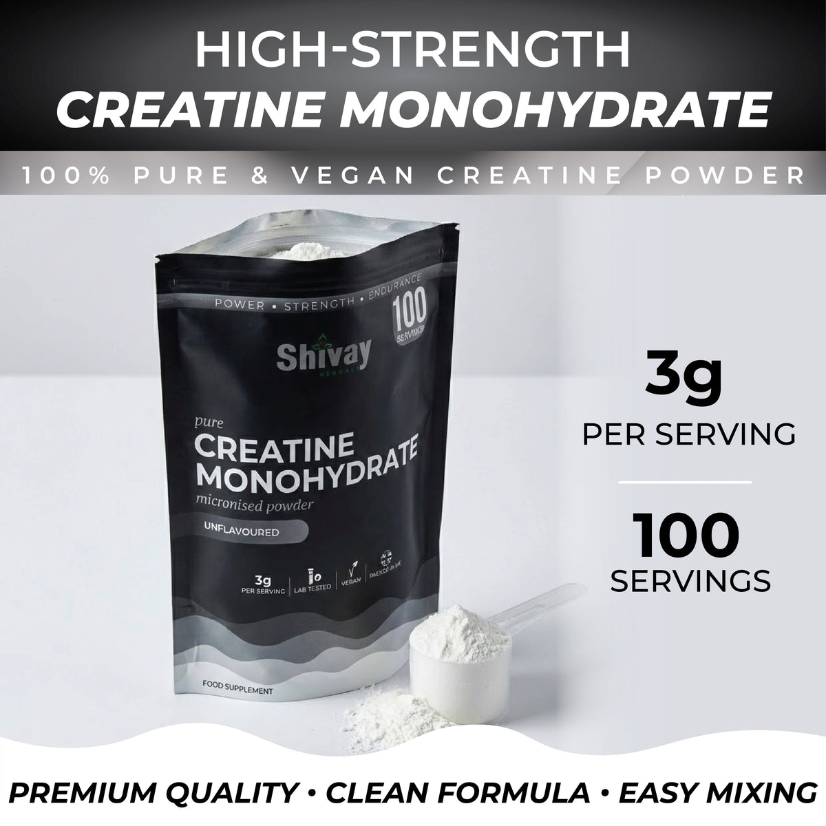 Shivay Herbals Creatine Monohydrate Powder 300g - 100 Servings - Pure Micronised - Unflavoured - Made in the UK