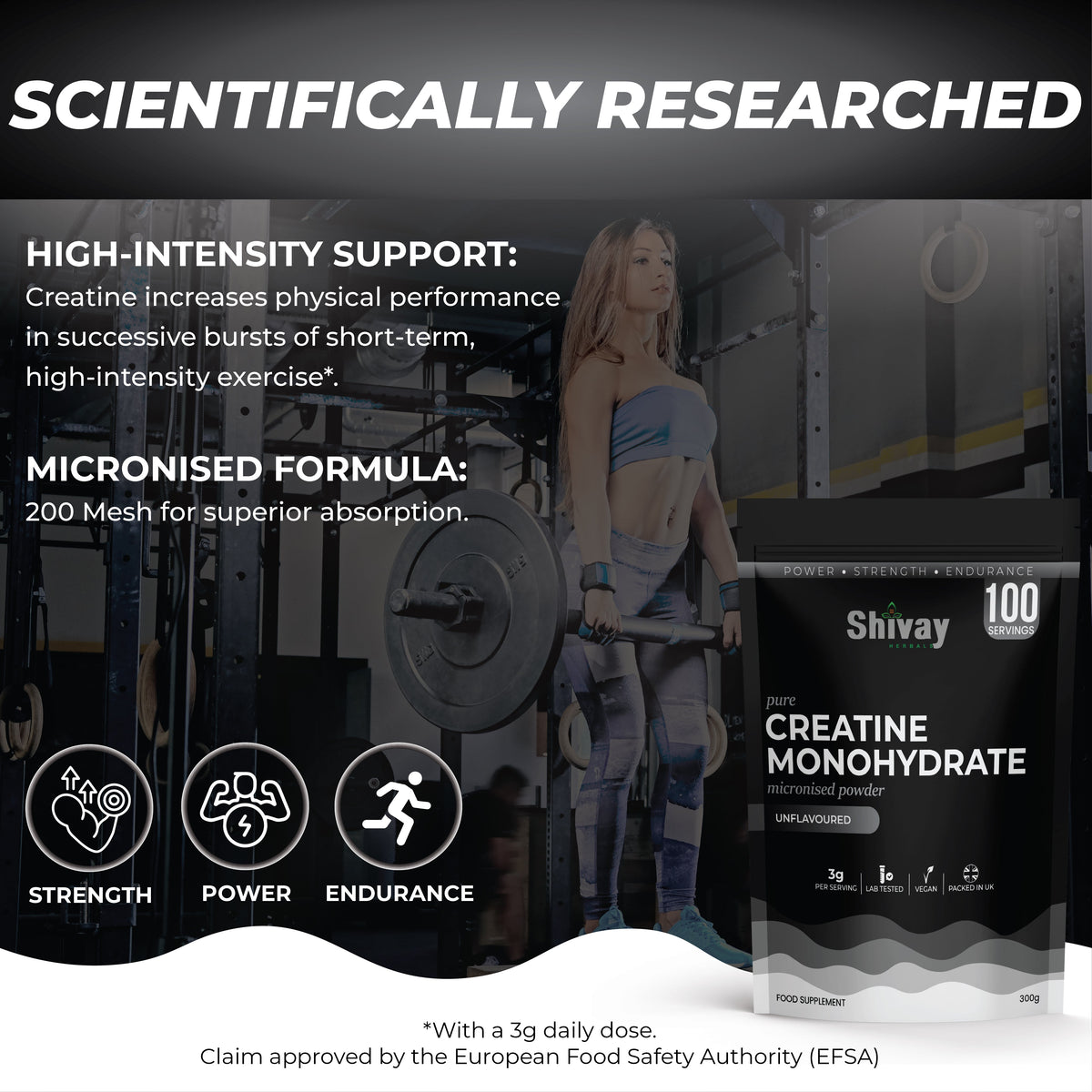Shivay Herbals Creatine Monohydrate Powder 300g - 100 Servings - Pure Micronised - Unflavoured - Made in the UK