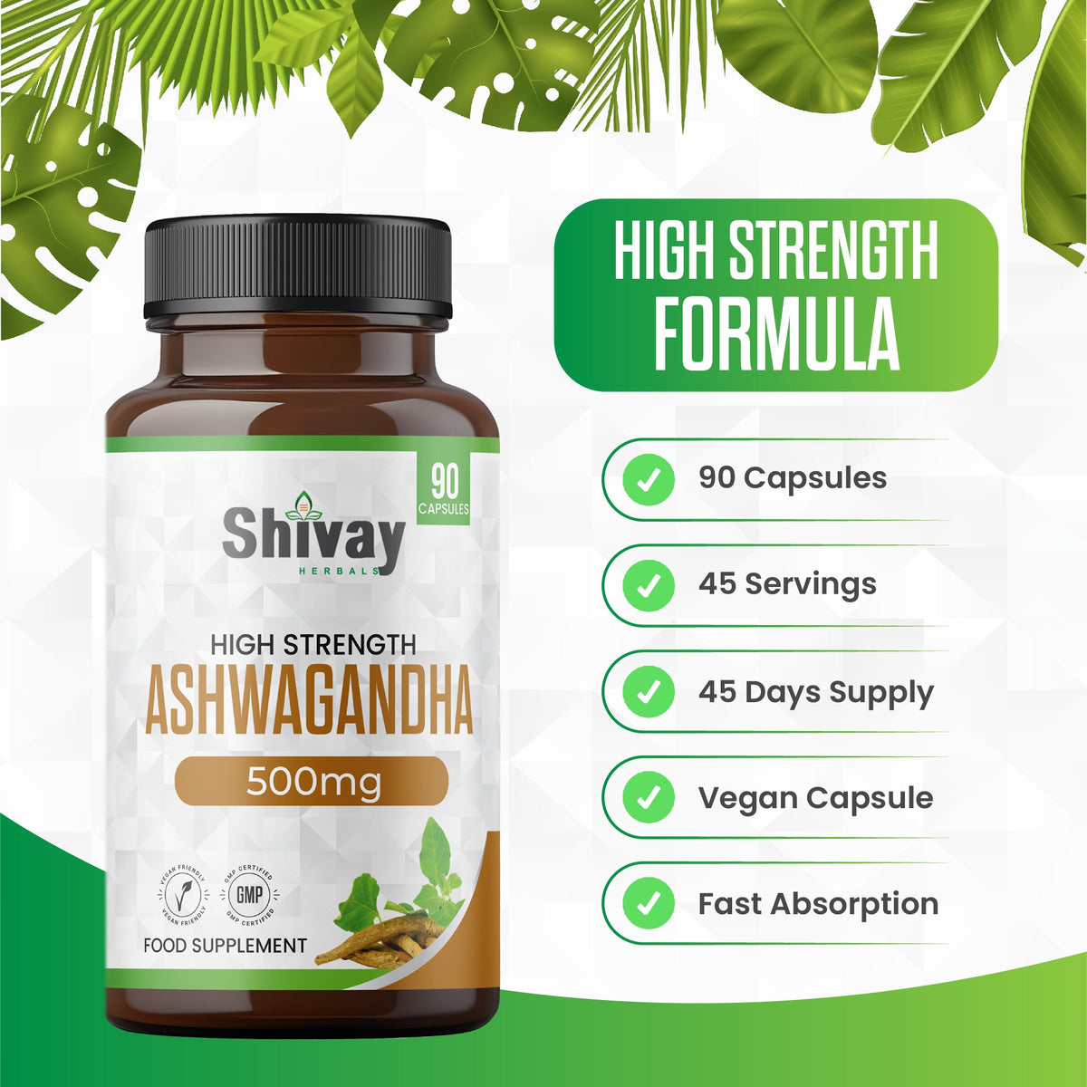 Shivay Herbals Ashwagandha 1000mg Capsules - Root Extract - 90 Vegan Capsules - 45 Day Supply - Made in the UK