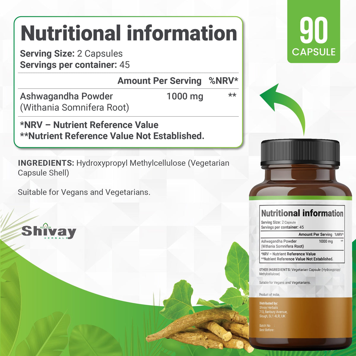 Shivay Herbals Ashwagandha 1000mg Capsules - Root Extract - 90 Vegan Capsules - 45 Day Supply - Made in the UK
