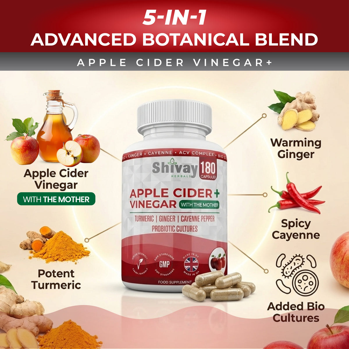 Apple Cider Vinegar Complex with Turmeric, Ginger, Cayenne & Bio Cultures