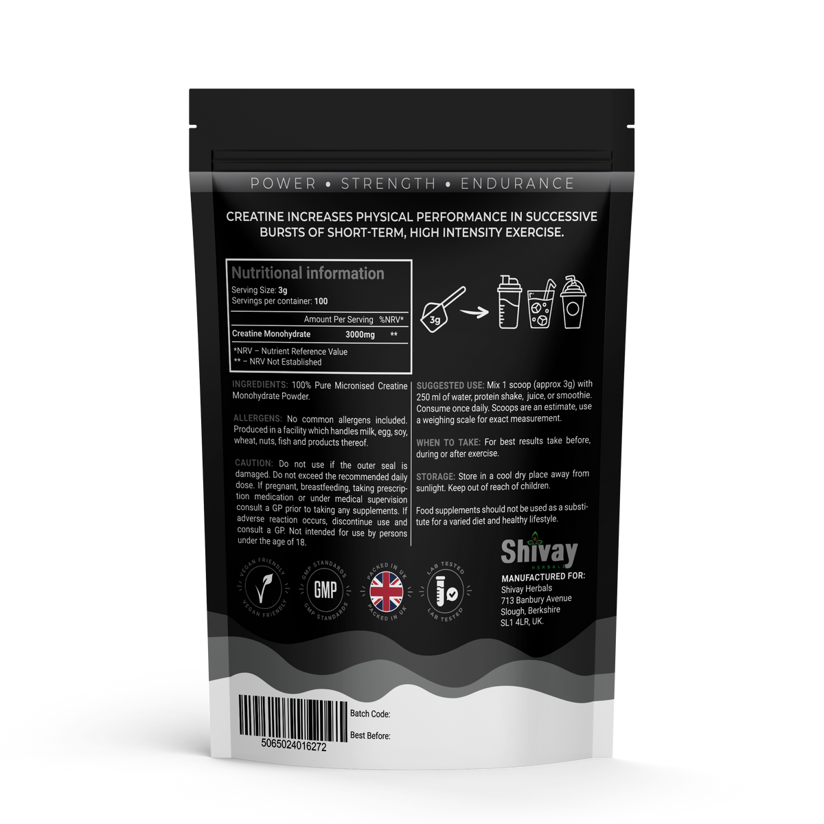 Shivay Herbals Creatine Monohydrate Powder 300g - 100 Servings - Pure Micronised - Unflavoured - Made in the UK