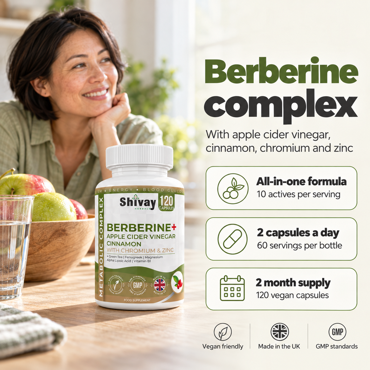 Shivay Herbals Berberine 11-in-1 Complex - with ACV, Cinnamon, Chromium & Zinc - 120 Vegan Capsules - 2 Month Supply - Made in the UK