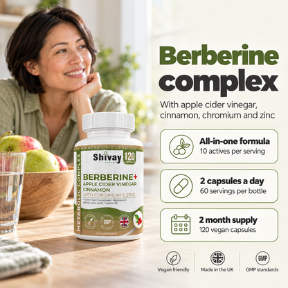 Shivay Herbals Berberine 11-in-1 Complex - with ACV, Cinnamon, Chromium & Zinc - 120 Vegan Capsules - 2 Month Supply - Made in the UK