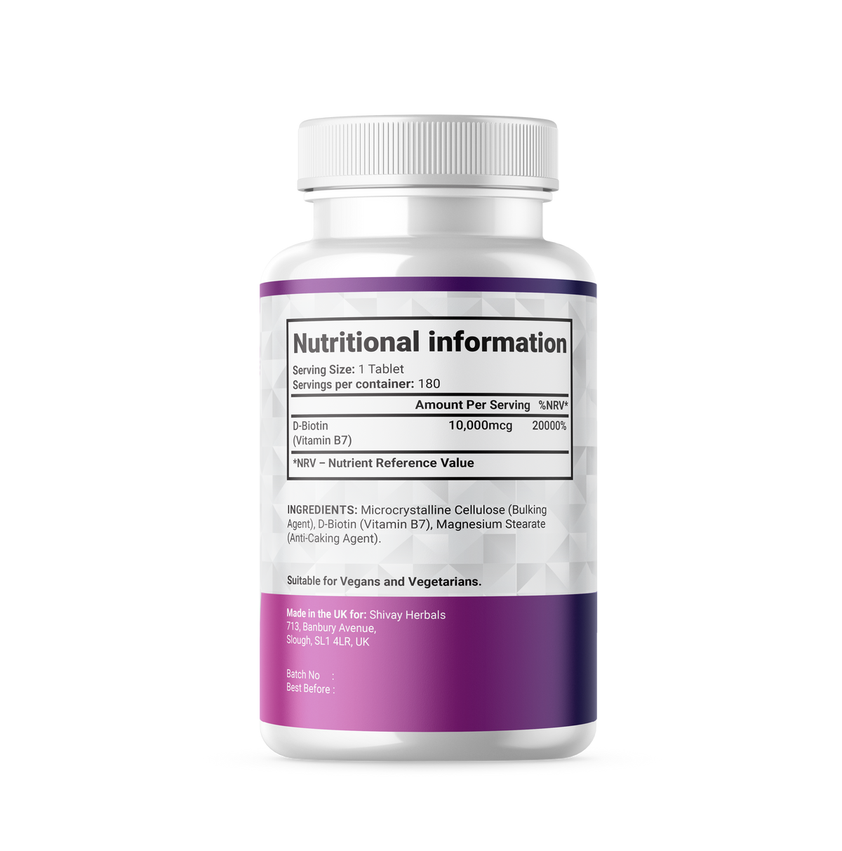 Shivay Herbals Biotin 10,000mcg - 180 Vegan Tablets - 6 Month Supply - Normal Macronutrient Metabolism - Hair, Skin & Nails - Made in the UK