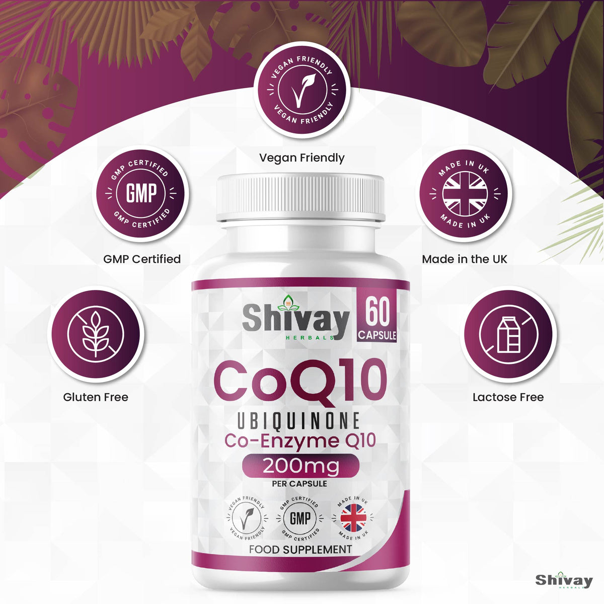 Shivay Herbals CoQ10 200mg - Pure Ubiquinone - 60 Vegan Capsules - 2 Month Supply - Heart Health & Energy - Made in the UK