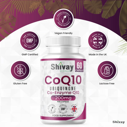 Shivay Herbals CoQ10 200mg - Pure Ubiquinone - 60 Vegan Capsules - 2 Month Supply - Heart Health & Energy - Made in the UK