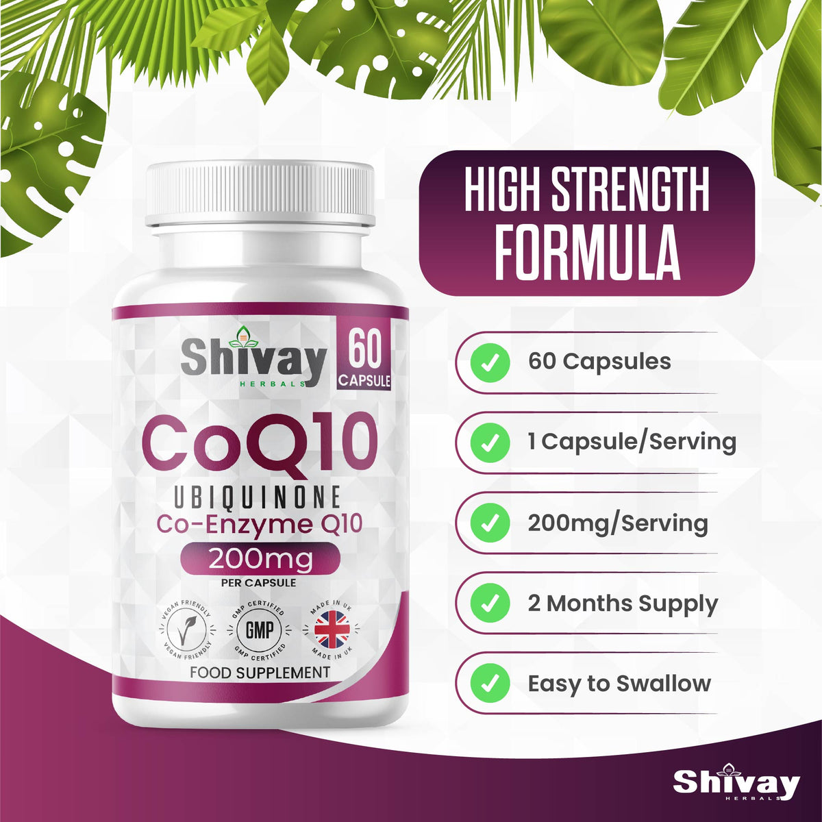 Shivay Herbals CoQ10 200mg - Pure Ubiquinone - 60 Vegan Capsules - 2 Month Supply - Heart Health & Energy - Made in the UK