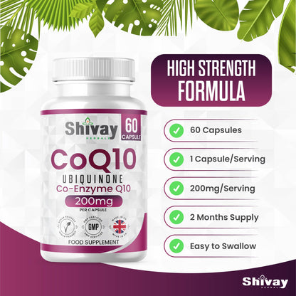 Shivay Herbals CoQ10 200mg - Pure Ubiquinone - 60 Vegan Capsules - 2 Month Supply - Heart Health & Energy - Made in the UK
