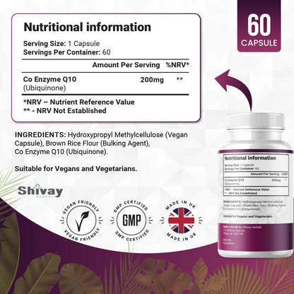 Shivay Herbals CoQ10 200mg - Pure Ubiquinone - 60 Vegan Capsules - 2 Month Supply - Heart Health & Energy - Made in the UK