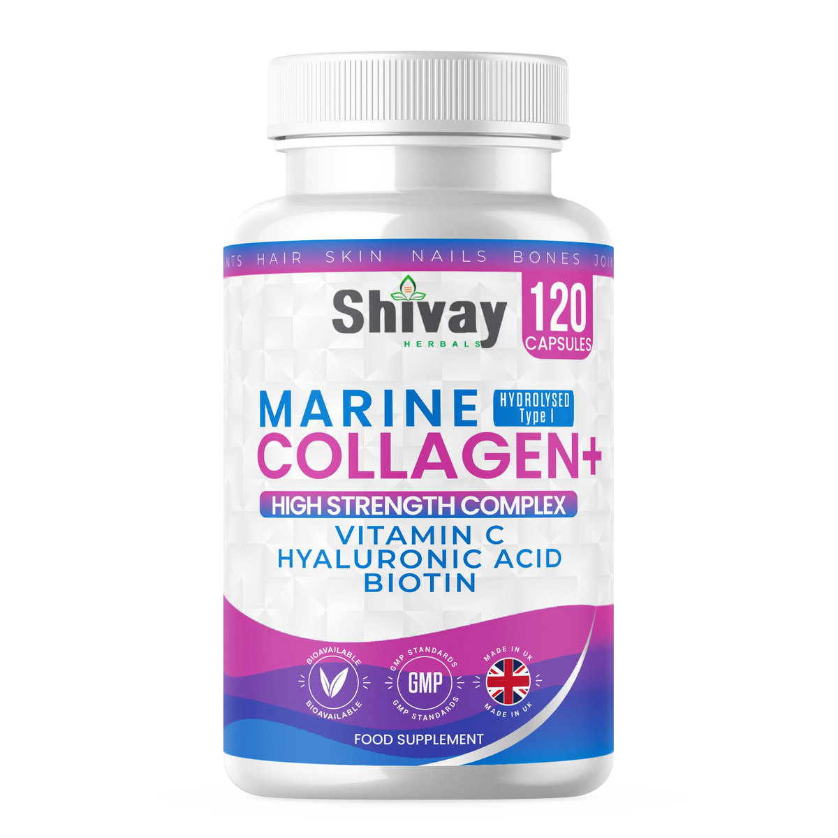 Shivay Herbals Marine Collagen Complex 1000mg with Vitamin C Hyaluronic Acid and Biotin 120 capsules 2 month supply - UK made