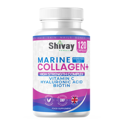 Shivay Herbals Marine Collagen Complex 1000mg with Vitamin C Hyaluronic Acid and Biotin 120 capsules 2 month supply - UK made