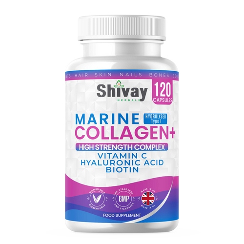Shivay Herbals Marine Collagen Complex 1000mg with Vitamin C Hyaluronic Acid and Biotin 120 capsules 2 month supply - UK made