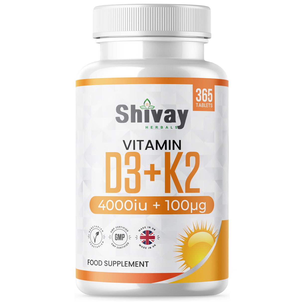 Shivay Herbals Vitamin D3 4000iu and K2 MK-7 100mcg 365 vegetarian tablets 1 year supply - bone and immune support UK made