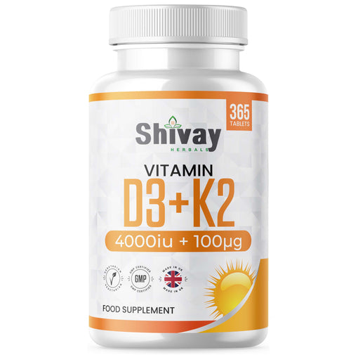 Shivay Herbals Vitamin D3 4000iu and K2 MK-7 100mcg 365 vegetarian tablets 1 year supply - bone and immune support UK made