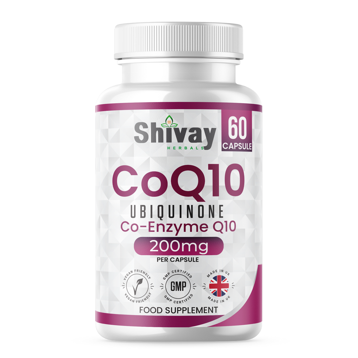 Shivay Herbals CoQ10 200mg pure Ubiquinone 60 vegan capsules 2 month supply - UK made supplement