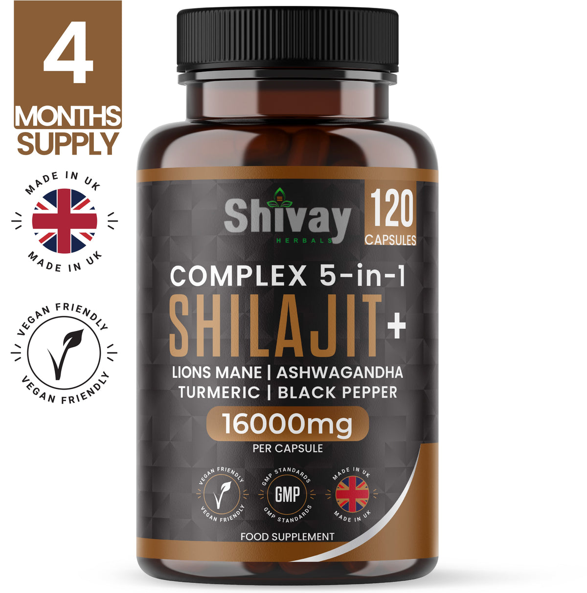 Shivay Herbals Shilajit Complex 5-in-1 - 16000mg Himalayan Shilajit - with Ashwagandha & Lion's Mane - 120 Vegan Capsules - 4 Month Supply - Made in the UK