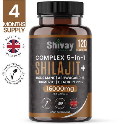 Shivay Herbals Shilajit Complex 5-in-1 - 16000mg Himalayan Shilajit - with Ashwagandha & Lion's Mane - 120 Vegan Capsules - 4 Month Supply - Made in the UK