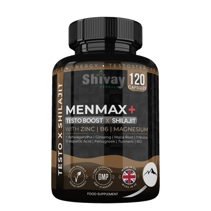 MENMAX+ Testo Boost x Shilajit Complex – Testosterone Support Supplement for Men with Zinc, Ashwagandha, Maca Root, Korean Ginseng, Tribulus, B6 & B12 – 120 Vegan Capsules Made in UK by Shivay