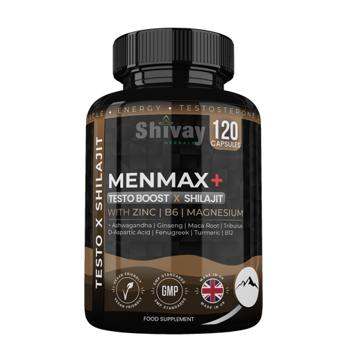 MENMAX+ Testo Boost x Shilajit Complex – Testosterone Support Supplement for Men with Zinc, Ashwagandha, Maca Root, Korean Ginseng, Tribulus, B6 & B12 – 120 Vegan Capsules Made in UK by Shivay