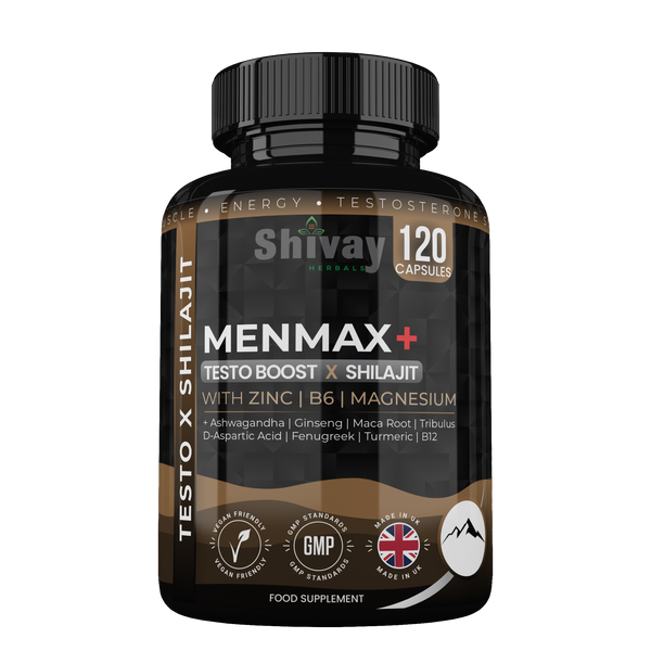 MENMAX+ Testo Boost x Shilajit Complex – Testosterone Support Supplement for Men with Zinc, Ashwagandha, Maca Root, Korean Ginseng, Tribulus, B6 & B12 – 120 Vegan Capsules Made in UK by Shivay