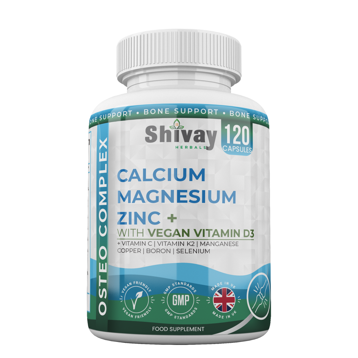 Shivay Herbals Osteo Complex 10 nutrients calcium magnesium zinc D3 K2 120 vegan capsules 2 month supply - UK made bone supplement