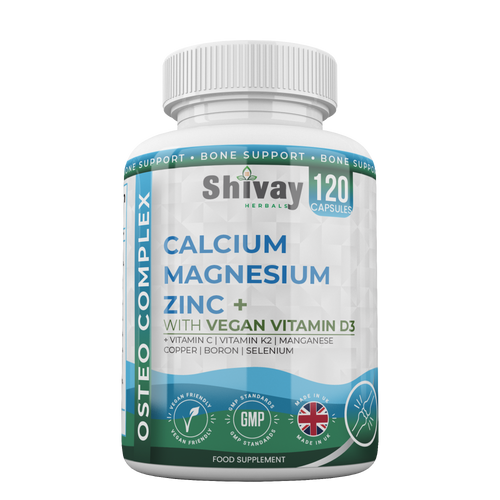 Shivay Herbals Osteo Complex 10 nutrients calcium magnesium zinc D3 K2 120 vegan capsules 2 month supply - UK made bone supplement