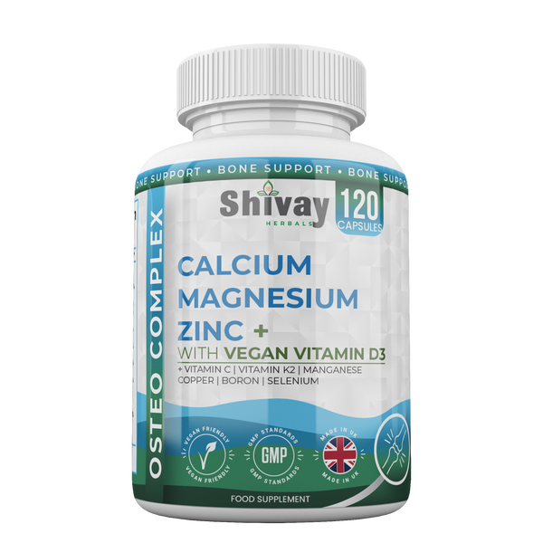 Shivay Herbals Osteo Complex 10 nutrients calcium magnesium zinc D3 K2 120 vegan capsules 2 month supply - UK made bone supplement