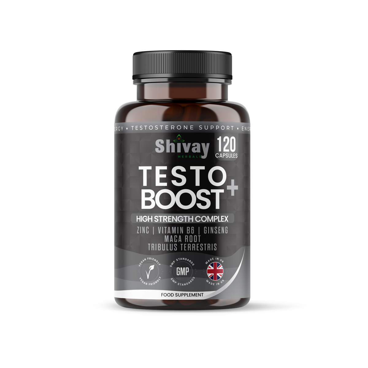 Shivay Herbals Testo Boost Natural Vitality Support - Zinc, B6, Ginseng, Maca & Tribulus - 120 Vegan Capsules - 2 Month Supply - Made in the UK
