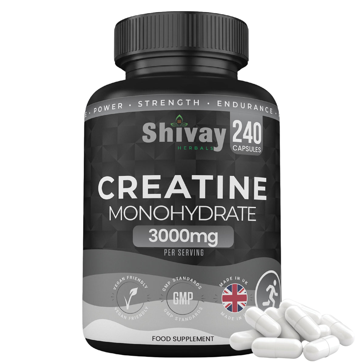 Shivay Herbals Creatine Monohydrate Capsules 240 3000mg per serving 2 month supply - UK made sports supplement