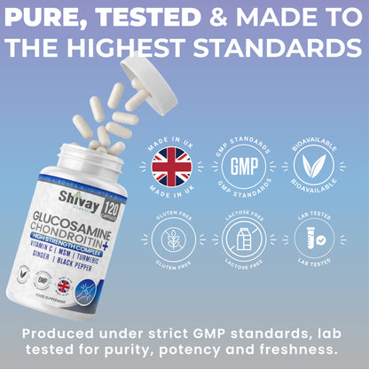 Shivay Herbals Glucosamine & Chondroitin Complex - with MSM, Vitamin C, Turmeric, Ginger & Black Pepper - 120 Capsules - 2 Month Supply - Made in the UK