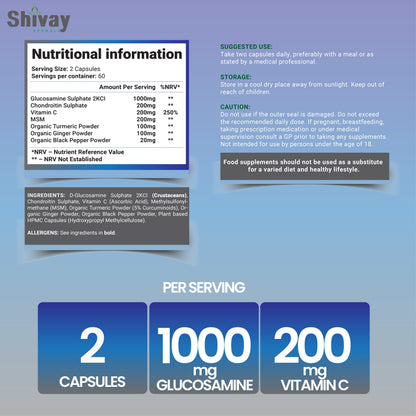 Shivay Herbals Glucosamine & Chondroitin Complex - with MSM, Vitamin C, Turmeric, Ginger & Black Pepper - 120 Capsules - 2 Month Supply - Made in the UK
