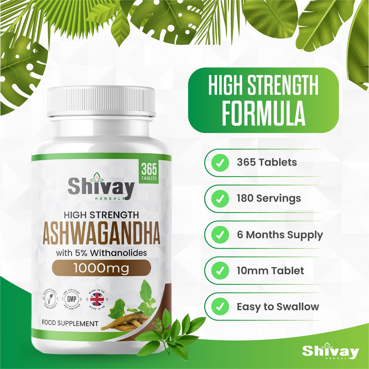 Shivay Herbals Ashwagandha 2000mg - Root Extract - 365 Vegan Tablets - 6 Month Supply - Made in the UK