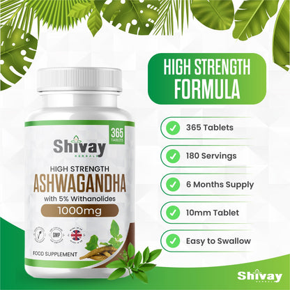 Shivay Herbals Ashwagandha 2000mg - Root Extract - 365 Vegan Tablets - 6 Month Supply - Made in the UK