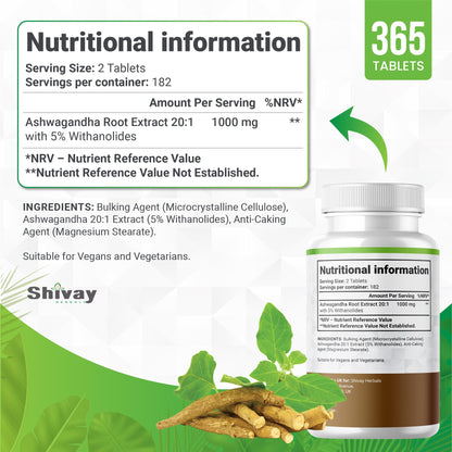 Shivay Herbals Ashwagandha 2000mg - Root Extract - 365 Vegan Tablets - 6 Month Supply - Made in the UK