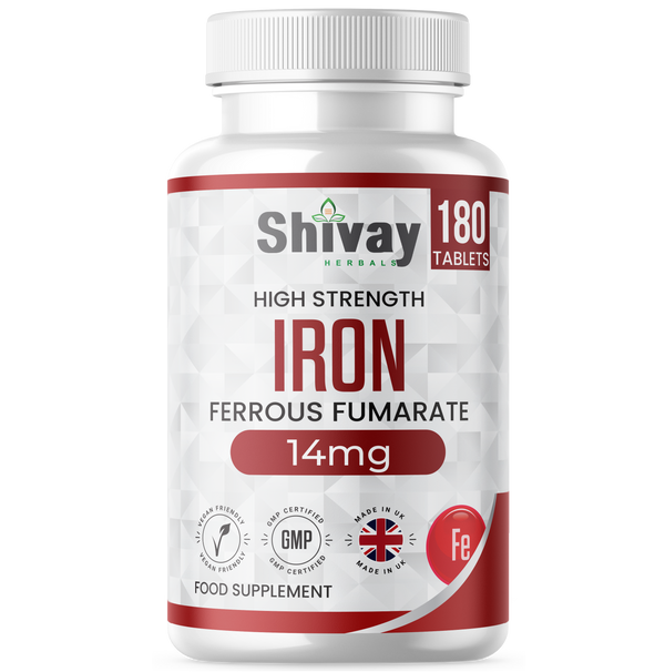 Shivay Herbals Iron 14mg Ferrous Fumarate 180 vegan tablets 6 month supply - UK made iron supplement