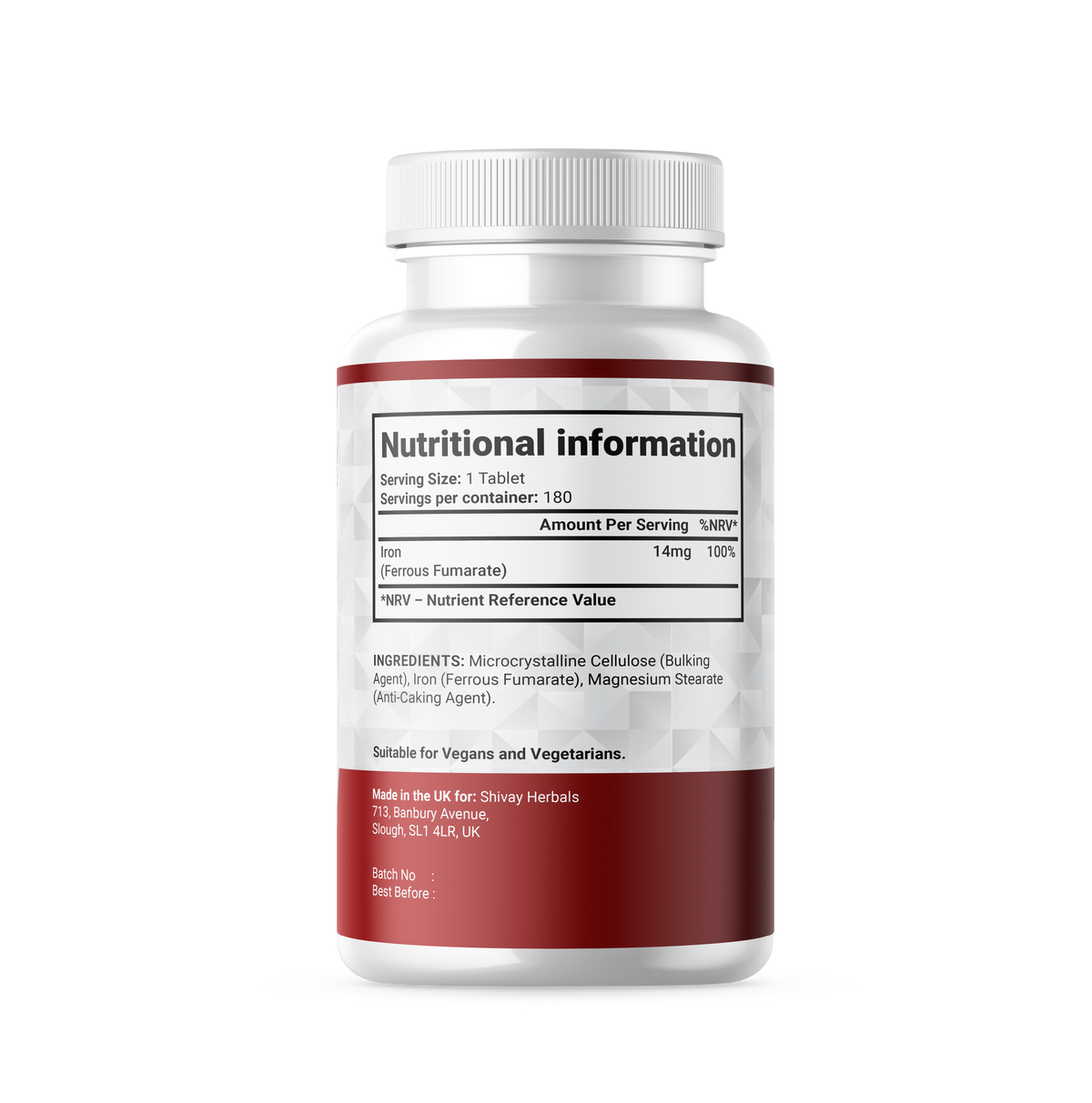 Shivay Herbals Iron 14mg - Ferrous Fumarate - 180 Vegan Tablets - 6 Month Supply - Reduction of Tiredness & Fatigue - Made in the UK