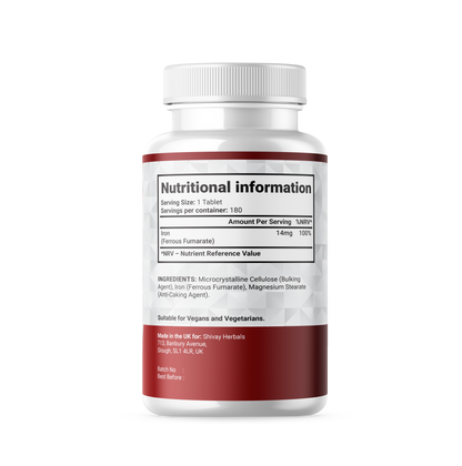Shivay Herbals Iron 14mg - Ferrous Fumarate - 180 Vegan Tablets - 6 Month Supply - Reduction of Tiredness & Fatigue - Made in the UK