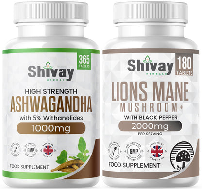 Shivay Herbals Focus and Calm Bundle - Ashwagandha 2000mg and Lions Mane 2000mg vegan tablets - UK made herbal supplement bundle