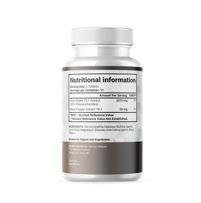 Shivay Herbals Lion's Mane Mushroom 2000mg - 50% Polysaccharide Extract - with Black Pepper - 180 Vegan Tablets - 3 Month Supply - Made in the UK