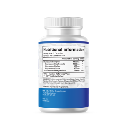 Shivay Herbals Magnesium 3-in-1 Complex - 384mg Elemental Magnesium - Glycinate, Malate & Citrate - 120 Vegan Capsules - Made in the UK