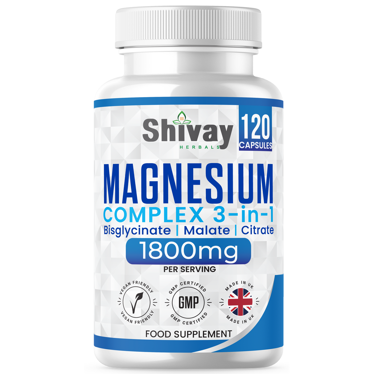 Shivay Herbals Magnesium 3-in-1 Complex 120 vegan capsules - Glycinate Malate Citrate - UK made supplement