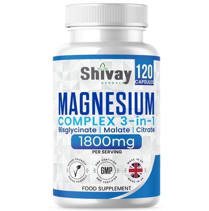 Shivay Herbals Magnesium 3-in-1 Complex 120 vegan capsules - Glycinate Malate Citrate - UK made supplement