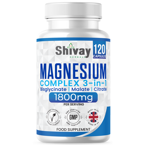 Shivay Herbals Magnesium 3-in-1 Complex 120 vegan capsules - Glycinate Malate Citrate - UK made supplement
