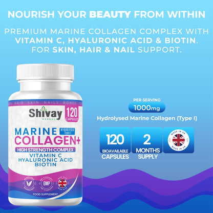 Shivay Herbals Marine Collagen Complex 1000mg - Hydrolysed Type I - with Vitamin C, Hyaluronic Acid & Biotin - 120 Capsules - 2 Month Supply - Made in the UK