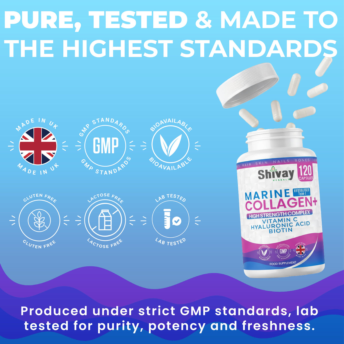 Shivay Herbals Marine Collagen Complex 1000mg - Hydrolysed Type I - with Vitamin C, Hyaluronic Acid & Biotin - 120 Capsules - 2 Month Supply - Made in the UK